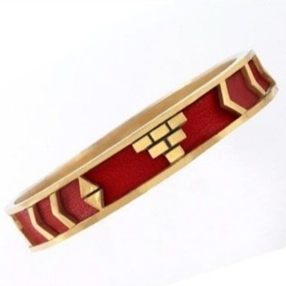 House of Harlow 1960 Aztec Red Leather Gold Tone Slip On Bangle Bracelet